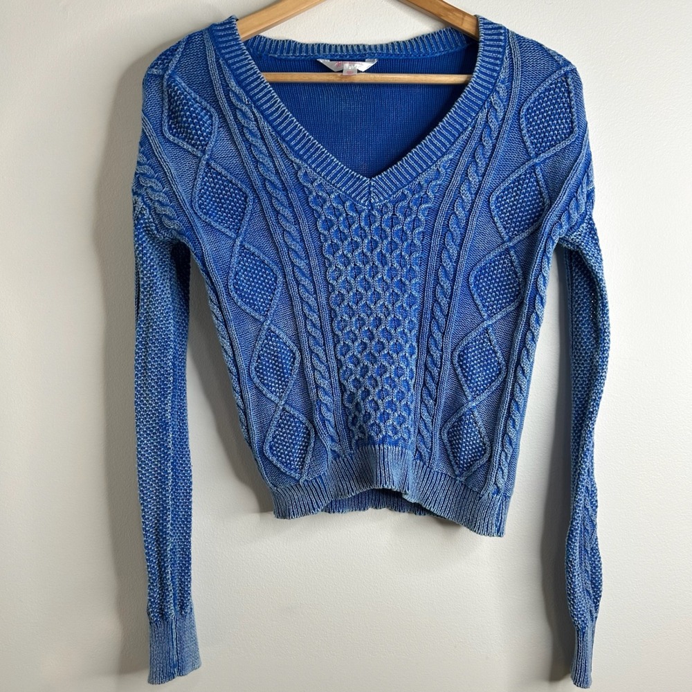 Y2K Preppy Blue Cable Knit V Neck Cropped Sweater Top XS/S Elena Bella Emo Indie